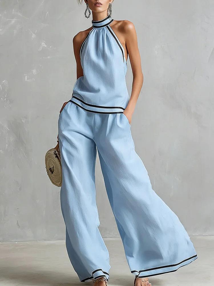 

Sleeveless Wide Leg Pants Set Women Summer European Style Striped Color Block Two Piece Casual Vacation S синий