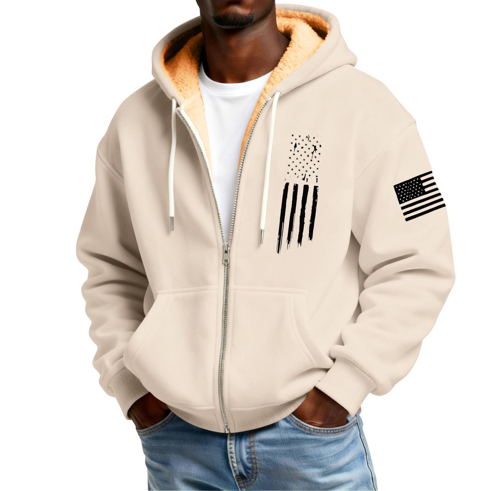 

Чоловічий флісовий кардиган на блискавці з капюшоном та кишенями з принтом прапора Чоловічий повсякденний кардиган M бежевий