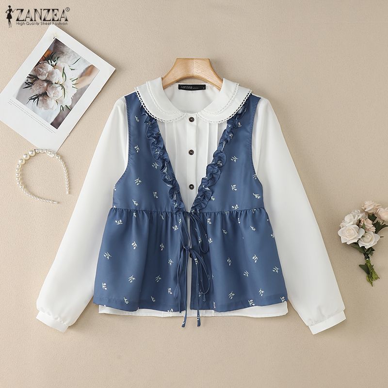 ZANZEA Women Casual Doll Collar Loose Long Sleeve Patchwork Blouse