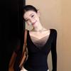 Korean Black Mesh V-neck Front Shoulder Long-sleeved T-shirt Women's Autumn and Winter Tight Slim-fitting Bottoming Shirt with Low-neck Top