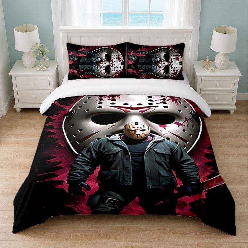 Freitag der 13. Jason Voorhees Schlafzimmer 3-teiliges Bettwäsche-Set Weiches Bettlaken Kissenbezüge Heim-Bettwäsche Dekoration