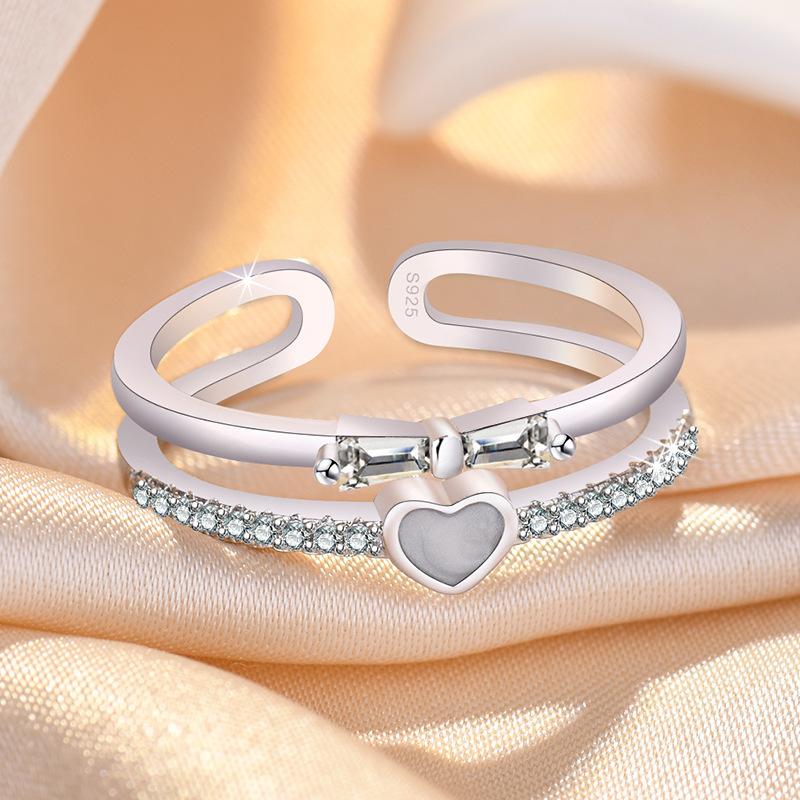Fashion Ladies Crystal Love Heart Adjustable Open Rings Jewelry