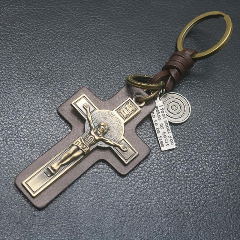 Unique Crucifix PU Leather Keychain Religious Key Ring Bag Pendant for Daily Use Trendy Punk Inspired Key Accessory