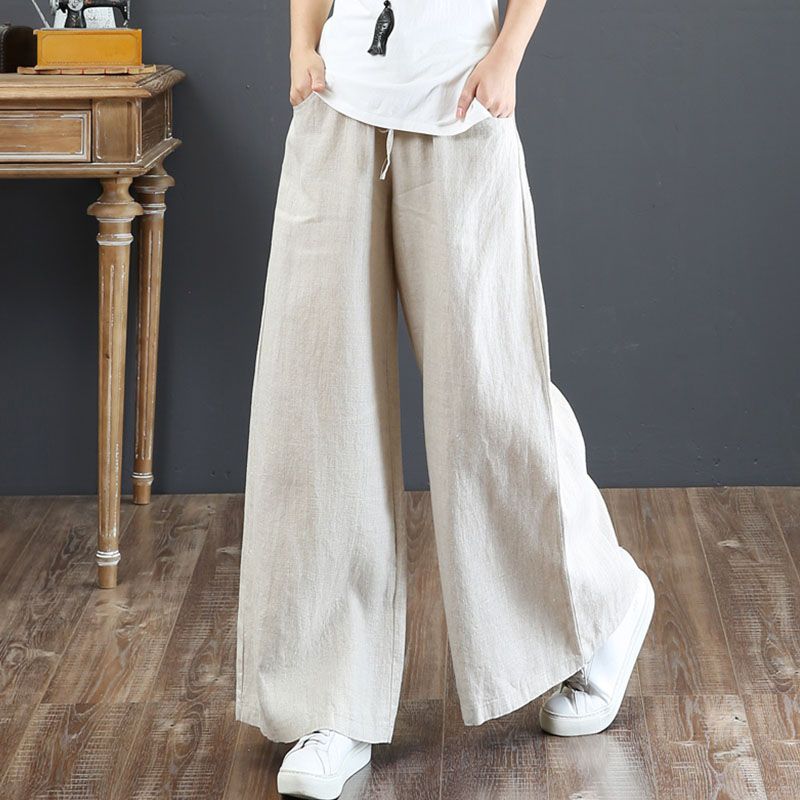Autumn Thin Plus Size Loose Slim Drawstring Wide Leg Pants Elastic Waist Cotton Linen Versatile Long Pants for Women Trendy