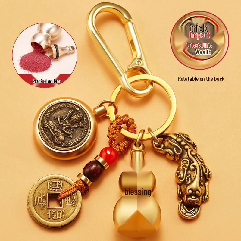 Pixiu Guardian Brass Pendant: Five Emperors Coins & Zodiac Buddha Keychain for Wealth & Protection