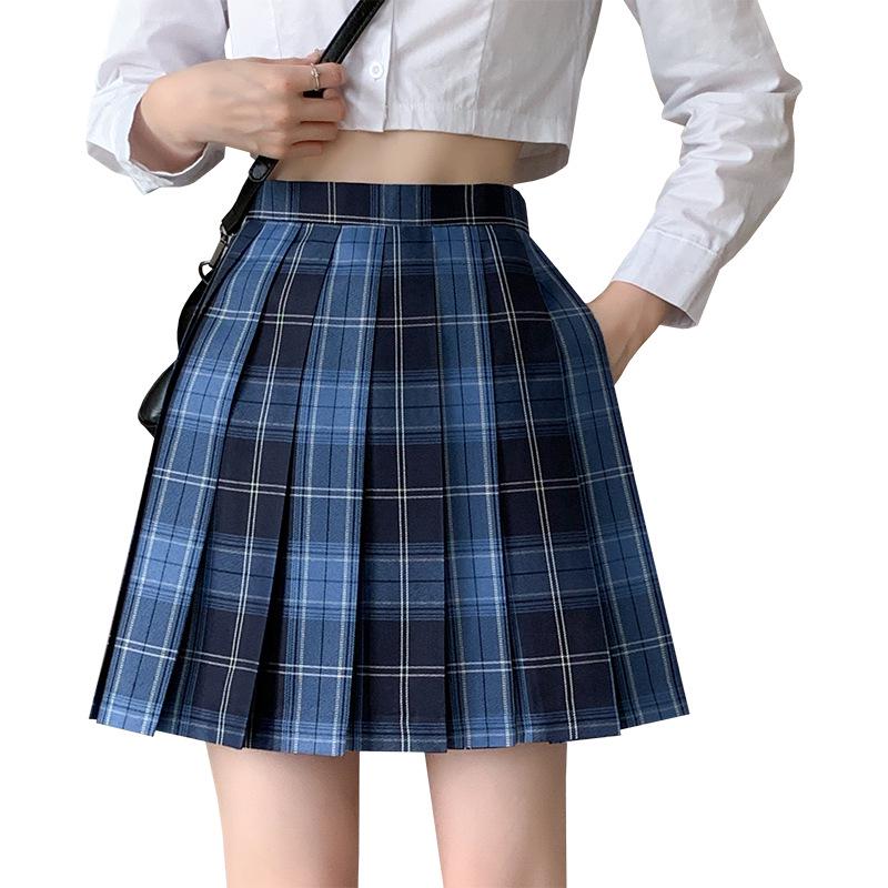 Women's Blue Plaid A-Line High Waist Pleated Skirt - College Style, Plus Size, Short Length for Spring & Autumn