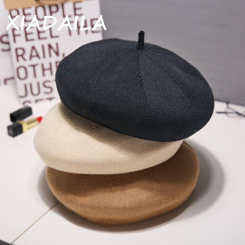 Summer Beret Hats For Women Flat Cap Knit 100% Cotton Hats Lady Girl Berets Hat Bone Female Tocas Painter Hat sun cap