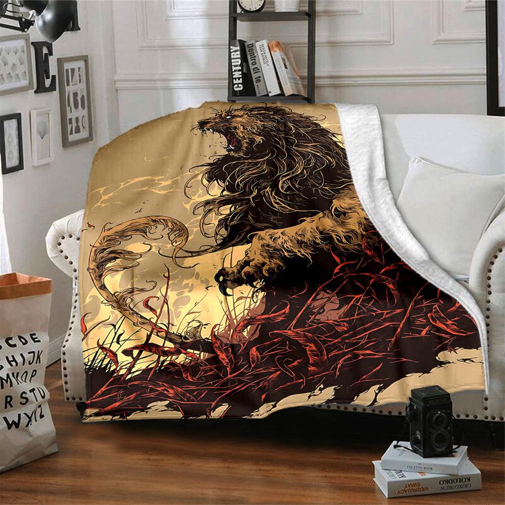 1pc Lion Wilderness Blanket, Lightweight Flannel Throw Blanket For Sofa, Bed, Travel, Camping, Living Room, Office, Couch, Chair, And Bed