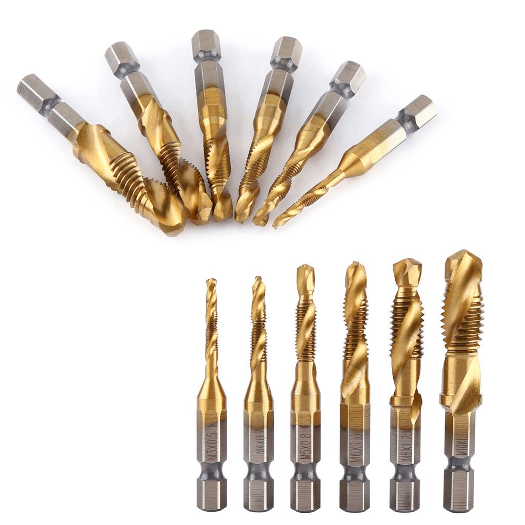 6pcs Metric Thread M3-M10 Titanium Coated HSS Drill and Tap Bits 1/4" Hex Shank