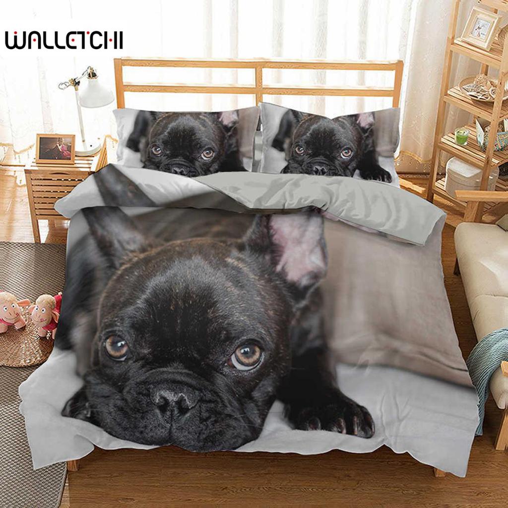 Sett med dynetrekk for fransk bulldog, King size, Søt valp, Dyretema, Sengetøy for barn og tenåringer, Polyester, 2/3 deler, Mykt dynetrekk
