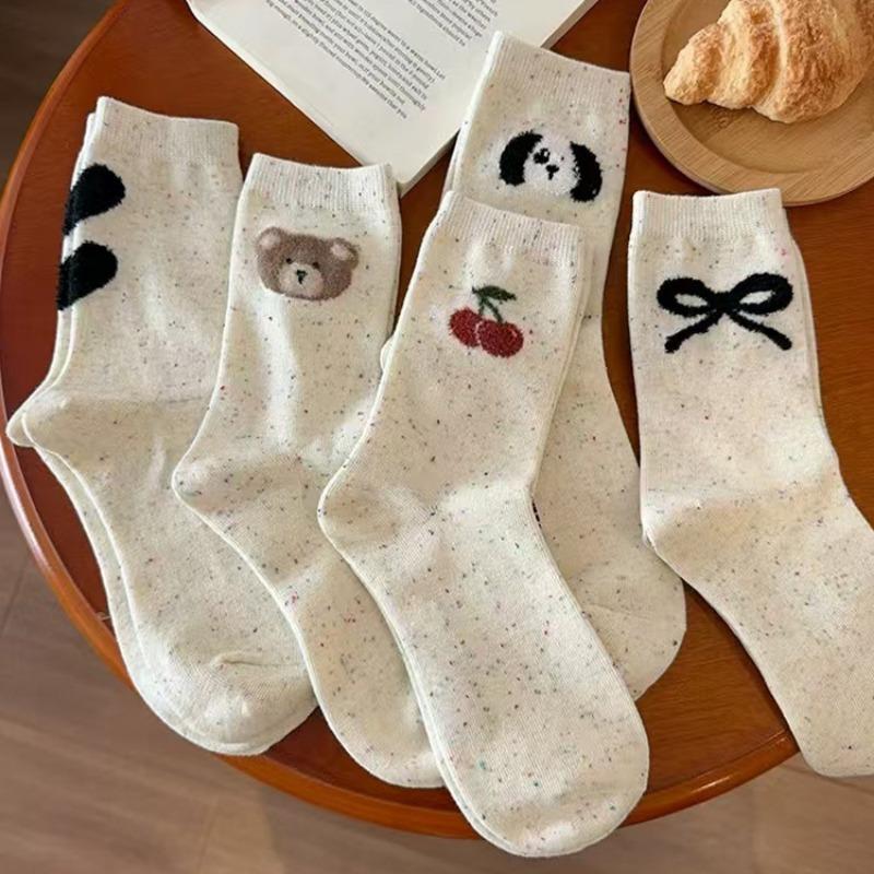 10pairs Socks for Women, Mid-calf Socks, Spring and Autumn Style, Little Bear, Ins Cartoon, Japanese Color Dot Socks