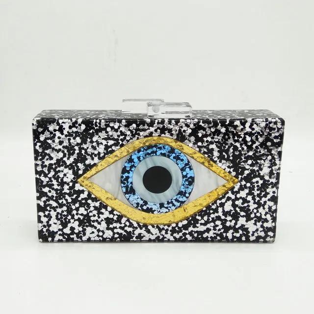 Boutique De FGG Evil Eye Acrylic Purse Women Black Evening Bags and Clutches Chain Shoulder Crossbody Bag Party Prom Clutch