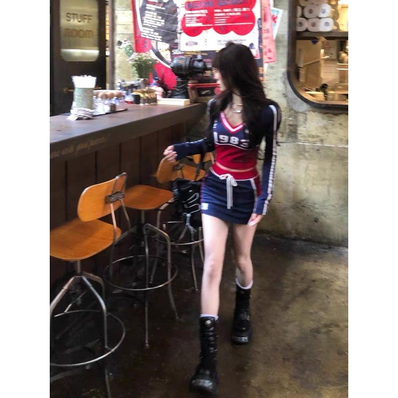 Y2k Estetické Streetwear Trička Ženy Americké Retro Sexy Koketní Pruhované Patchworkové Slim Trička Topy E-girl Podzim