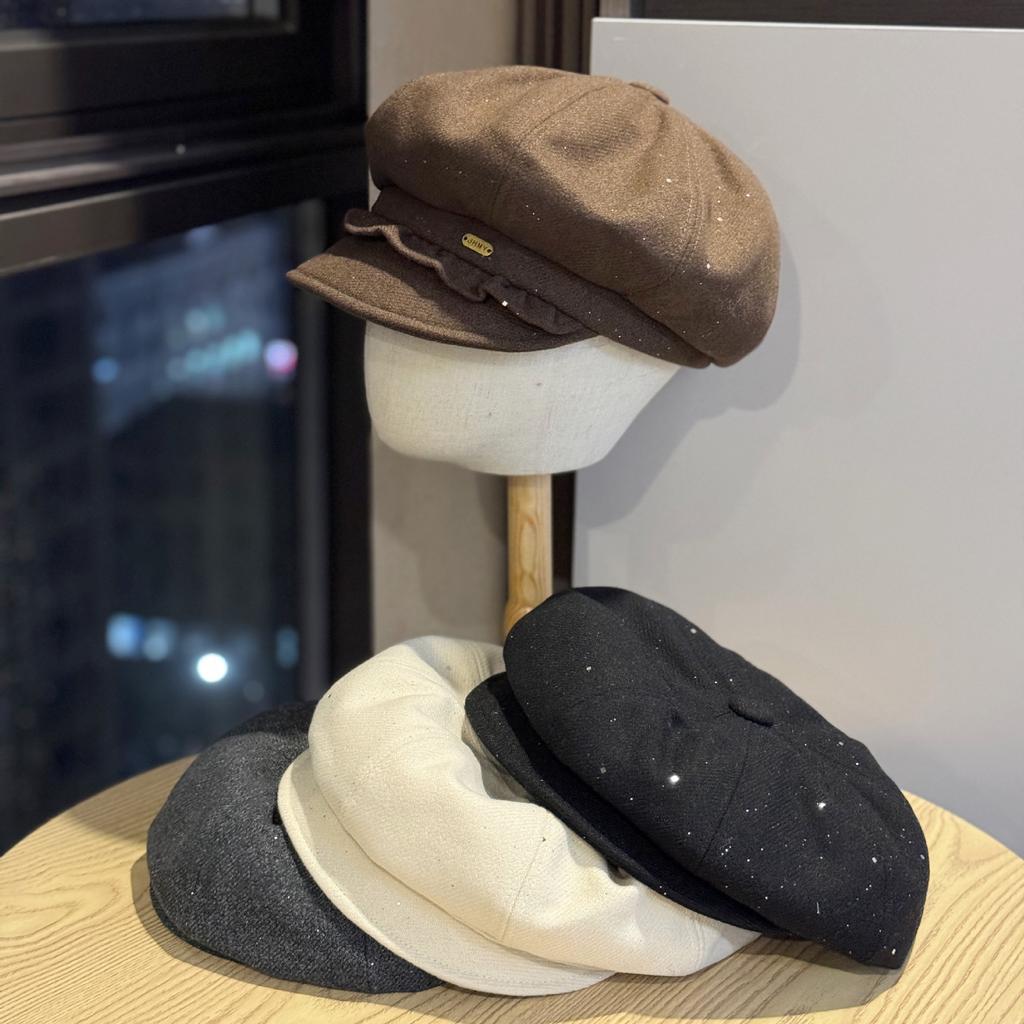 New Fashionable Sequined Pleated Edge Woolen Octagonal Hat for Women Japanese Style Sweet and Cute Face Showing Small Simple Newsboy Hat Trendy
