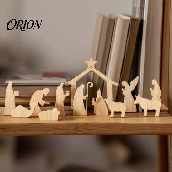 Holy Family Statue for Holiday 13Pcs Wooden Christmas Nativity Scene Set, Mini Figurines, Set Tabletop Manger Decorations Christan Indoor Home Mantel