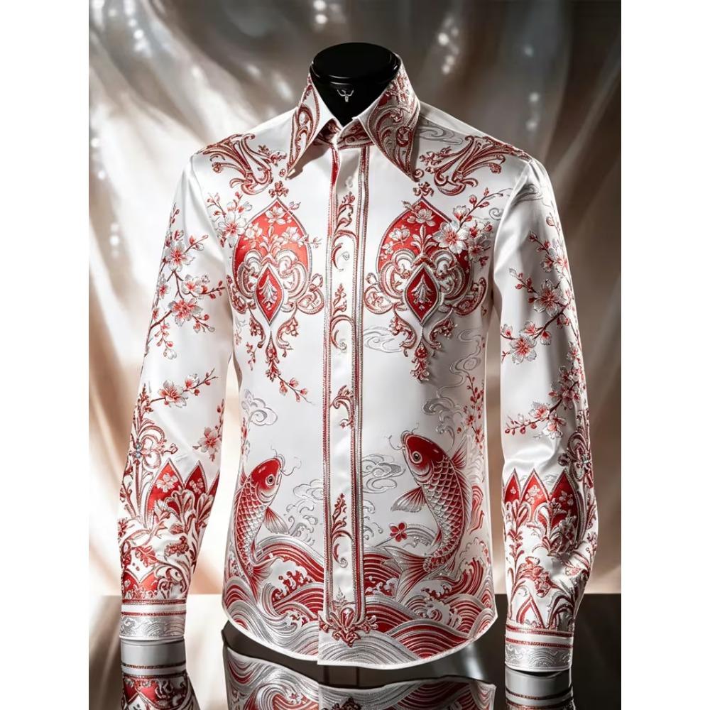 Fashion Men Black White Gradient Shirt Angel Wing Cross Graphic Long Sleeve Slim Club Punk Streetwear Dress Blouse