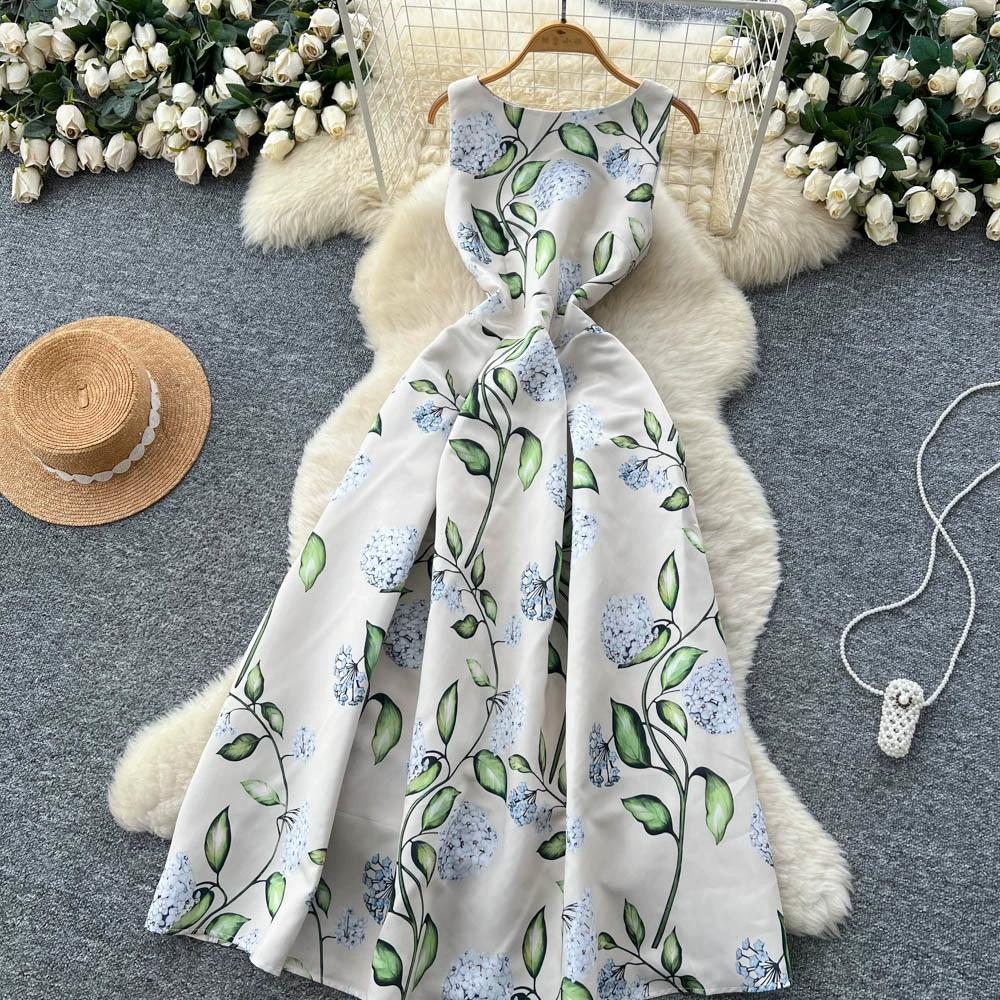 Robe sans manches à col rond imprimé style européen américain pour femmes, haut de gamme, niche, fête d'anniversaire, taille ajustée, bouffante, maxi