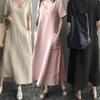 Vestido Holgado de Algodón y Lino Vintage con Cuello en V, Corte Acampanado y Oscilante para Mujer
