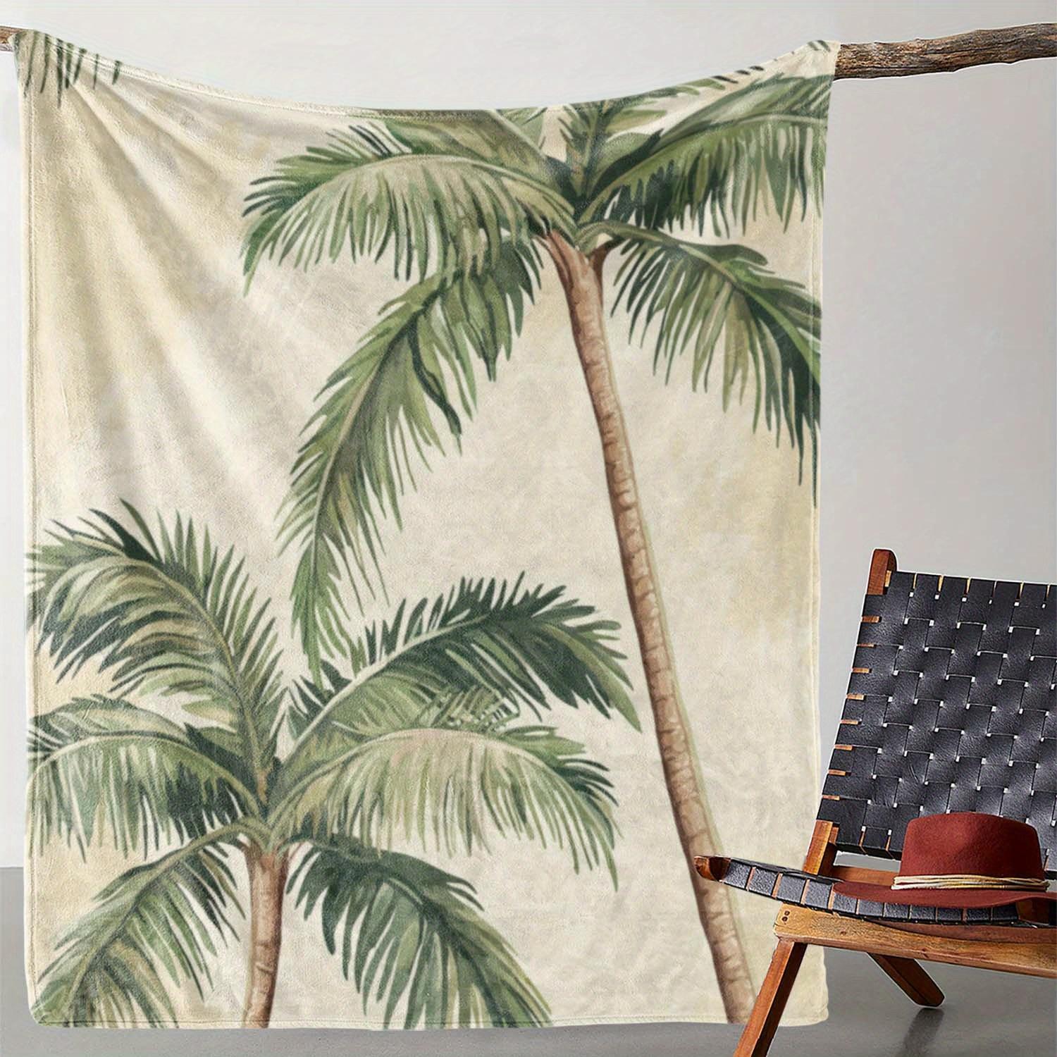 

1pc Flannel Blanket - Soft 100% Polyester Lightweight, Tropical Palm Tree Print in Green & Beige, All-Season Cozy Thr 130x150cm
