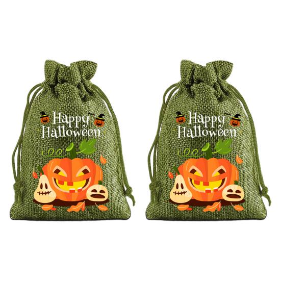 Handmade Style Party Bags 2Pcs Halloween Pumpkin Drawstring for Candy Treats, Retro Burlap Festival Totes Trick or Treat Bags, Portable Goodie