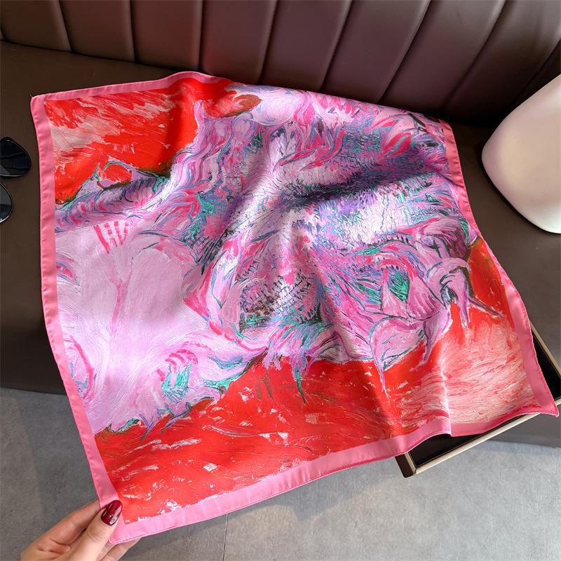 Oil Painting Printed Sunflower Square Scarf Luxury Ladies Neckerchief Soft Satin Shawl Women'S Decorative Bandana