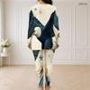 Women Plus Size Two Piece Pants Set Half Zip Long Sleeve Blue Star Printed Longline Top Fitted Pants