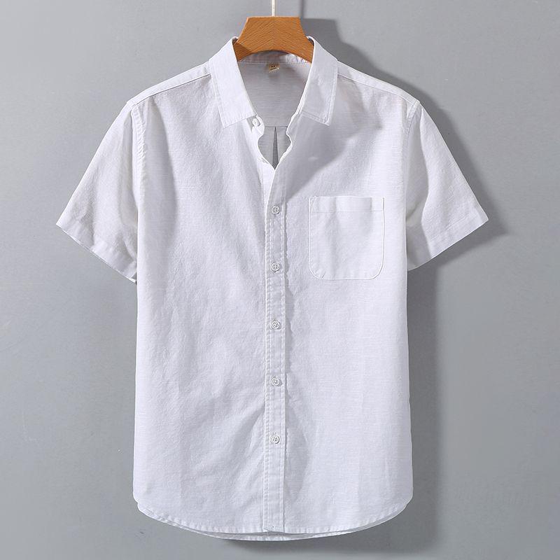 Men's Summer Cotton Linen Short Sleeve Shirt - Solid Color Casual Stand Collar Top