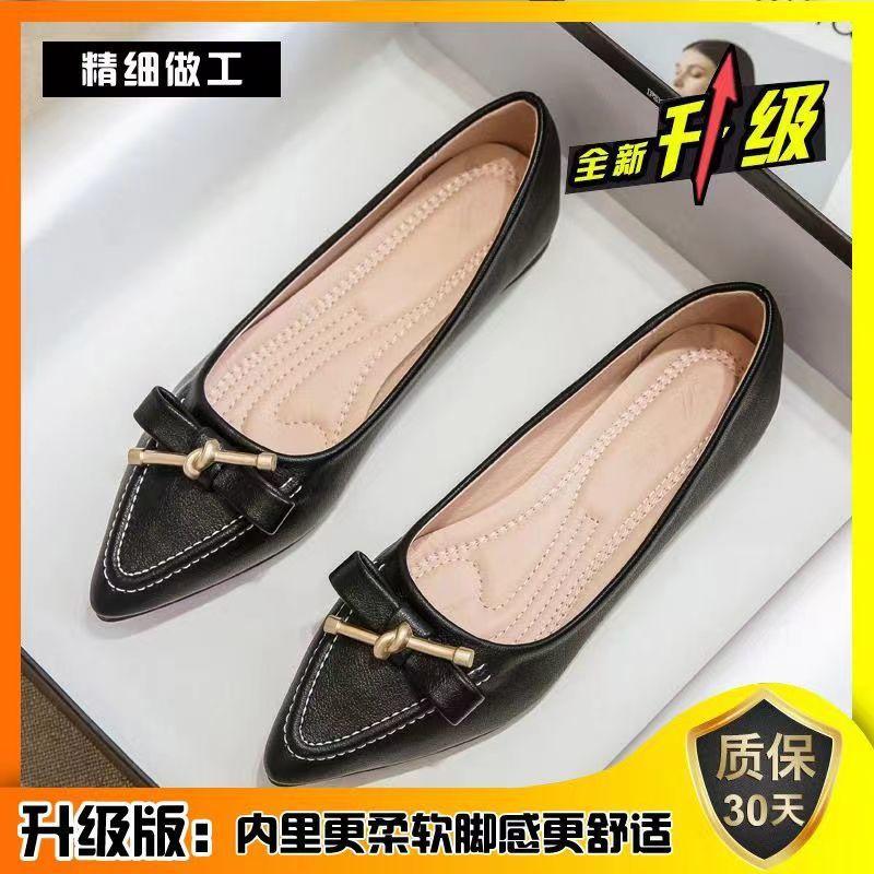 Leather pointed single shoes women's soft soles spring and autumn 2025 new shallow mouth laden shoes flat soles four seasons large size women's shoes