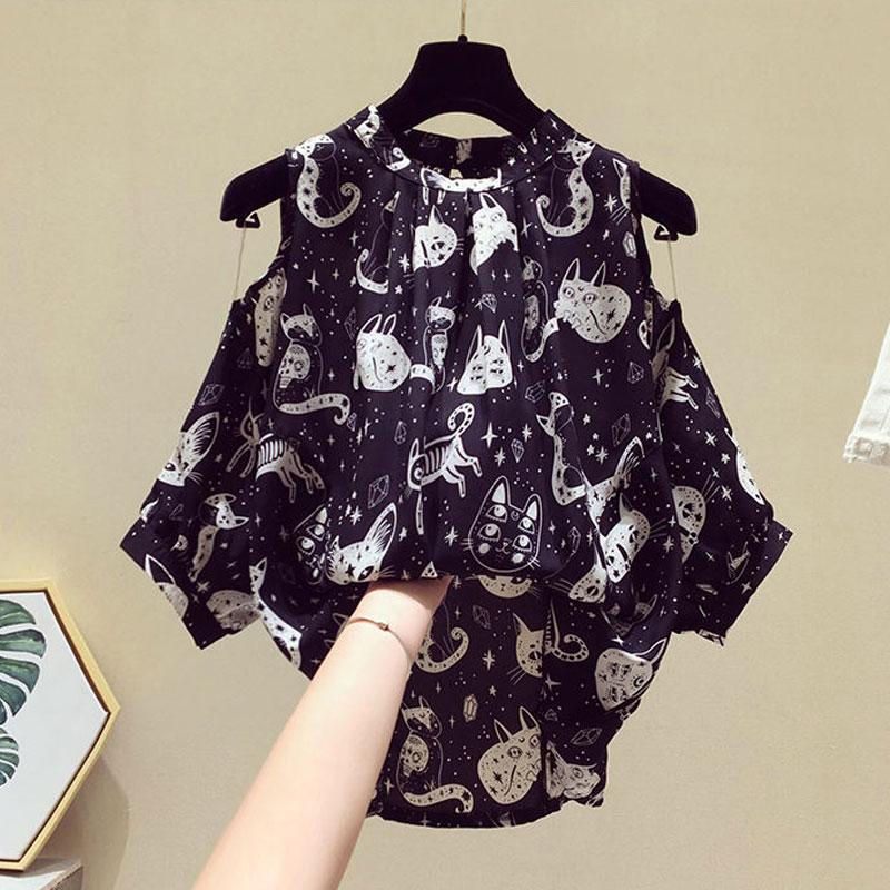 Fashion Hand-Painted Cat Printed Shirt Women's Clothing Elegant Off Shoulder Stand Collar Summer Korean Commute Loose Blouse New