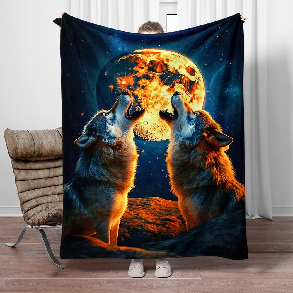 Howling Wolves Full Moon Fleece Blanket Wildlife Art Throw Blanket Night Sky Animal Design Soft Cozy Bedding Decor for Home