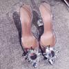 Chaussures d'été fines à talon haut et fin, bout en sac, talon en cristal, talon court mode, strass, transparentes pour femmes, rue frite, haute valeur
