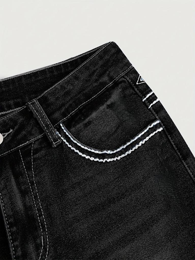 Jeans Donna Vita Alta Lavaggio Scuro Tasca Ricamata Vestibilità Slim Micro-Svasati