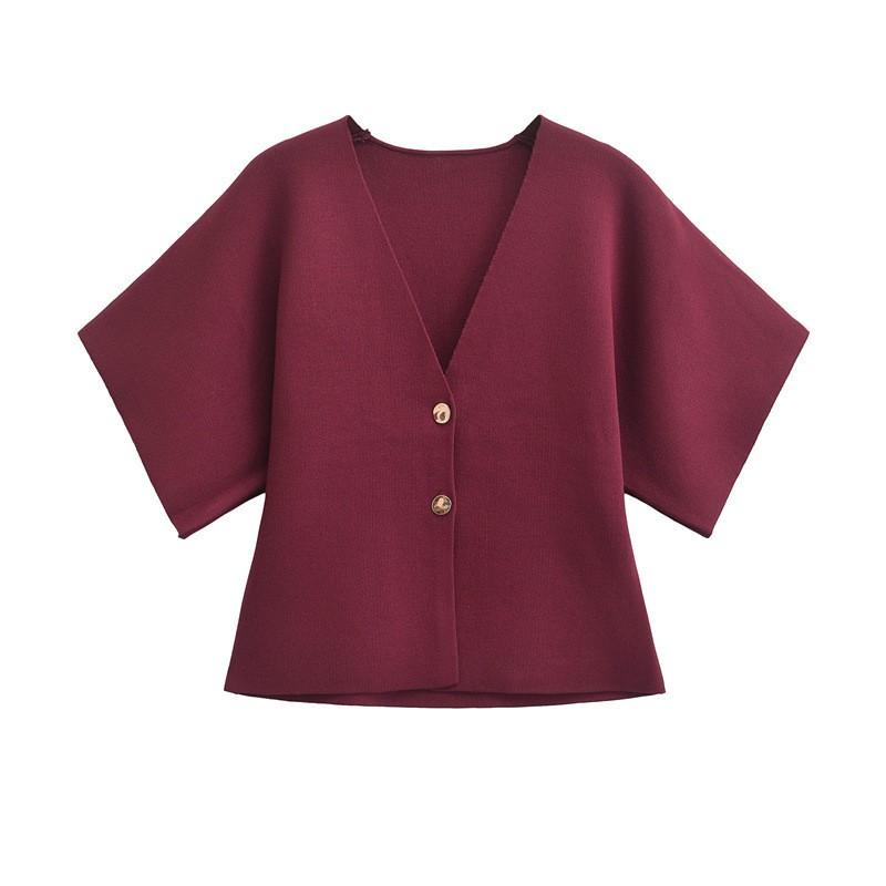 Womens Minimalist Knit Cardigan V-neck 5 Sleeve Button Detail Street Style Solid Color Top
