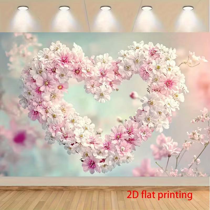 2D Heart-Shaped Pink Flower Backdrop Romantic Floral Background for Wedding Photography