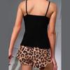 Damen Print Sexy Pyjama Set Träger Rückenfrei Kurzärmelig und Elastischer Bund Bedruckter Leopardenmuster Shorts Pyjama Set