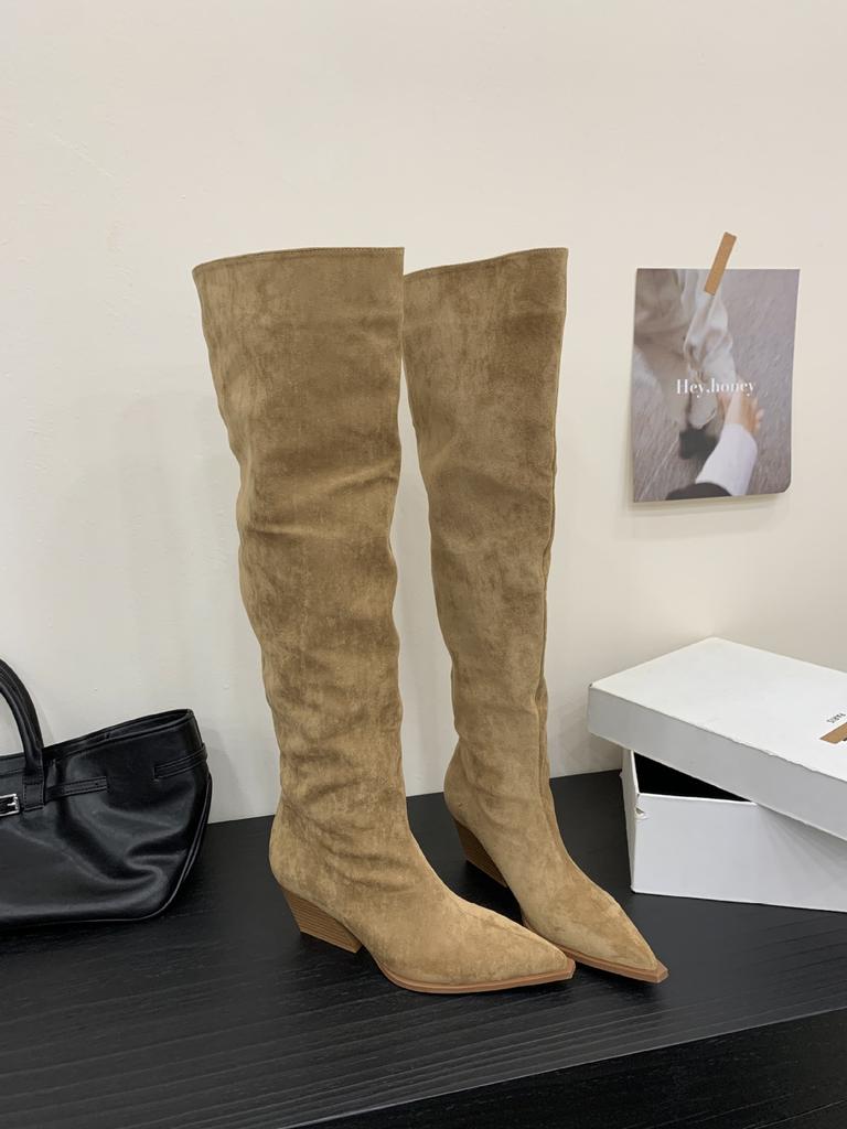 High-heeled pointed khaki stacking boots high knight boots women's shoes 2025 new spring and autumn winter thin long boots