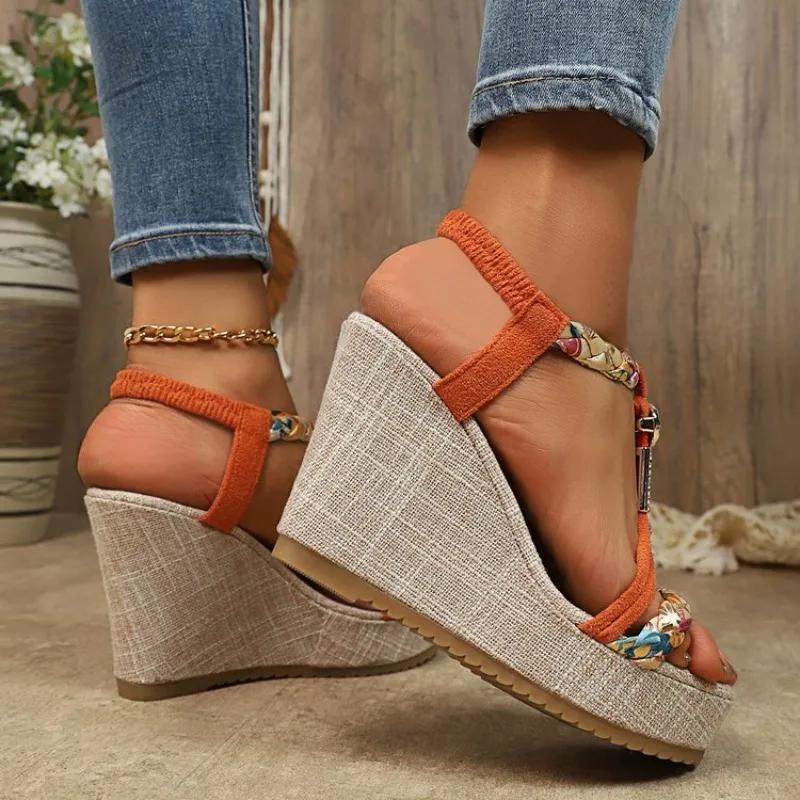 Sandalias de Cuña para Mujer de Estilo Bohemio Decoración con Cuentas Sandalias de Plataforma Gruesa para Mujer Verano 2025 Tejido Estampado Sandalias de Playa