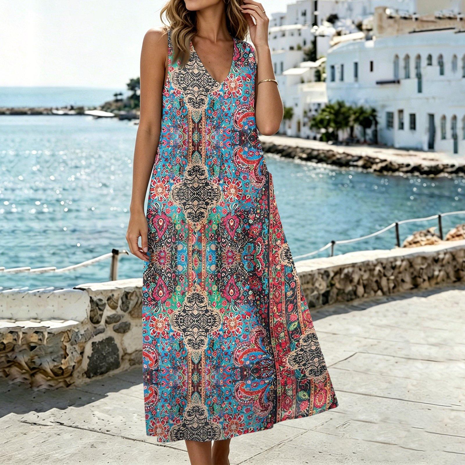 

Women s Sleeveless U Neck Midi Dress with Pockets and Side Slits Cotton Linen Floral Print Casual Loose Fit Vest Dress M