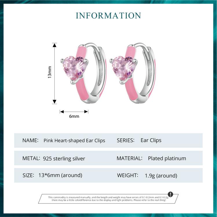 BAMOER Real 925 Sterling Silver Pink Heart Zircon Hoop Earrings Lovely Cindy Color Oil Printed Ear Clips Earring Girl Party Gift