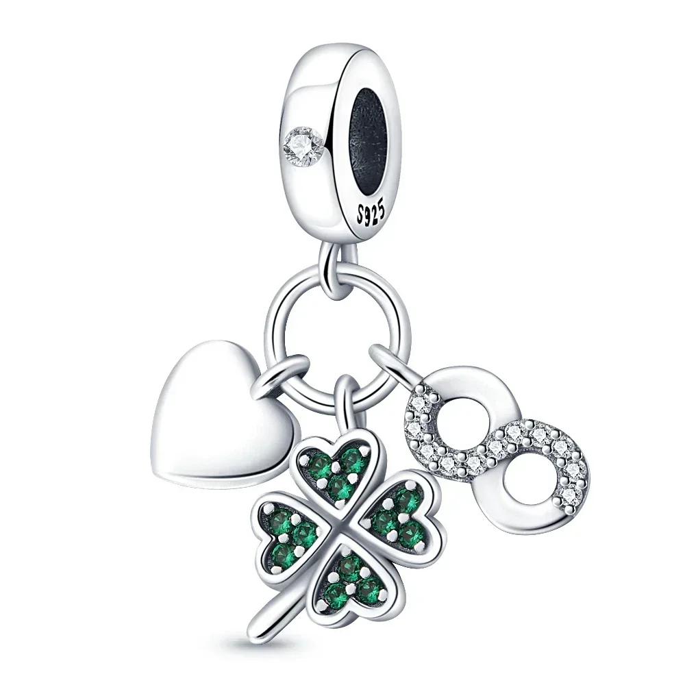 Copper Green Series Four-Leaved Clover Pendant Fine Beads Fit Original Bracelet Charms Women Jewelry