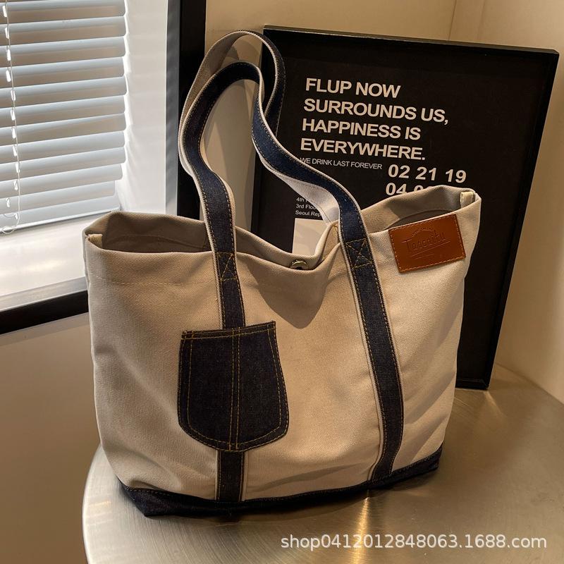 Casual Splicing Canvas Bag Women's 2025 New Large-capacity Fashion Commuter Bag Korean Version Popular Shoulder Bag