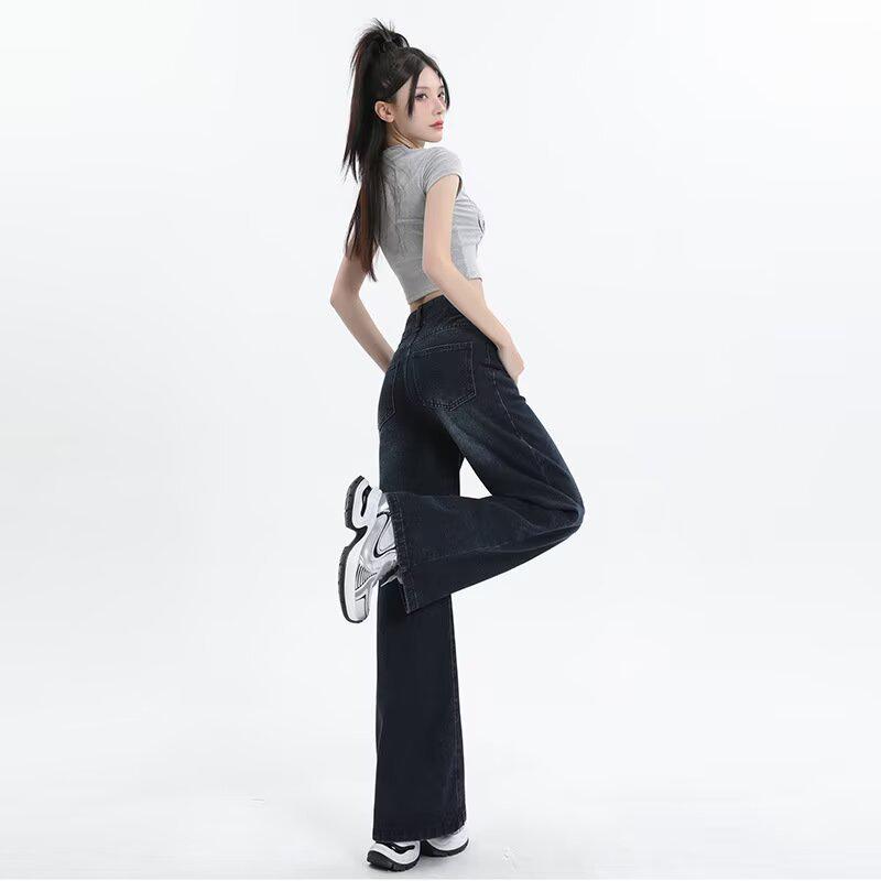 Women's High Waist Retro Straight Leg Jeans - Blue-Gray, Slimming and Loose, Floor-Length for Spring/Autumn 2026