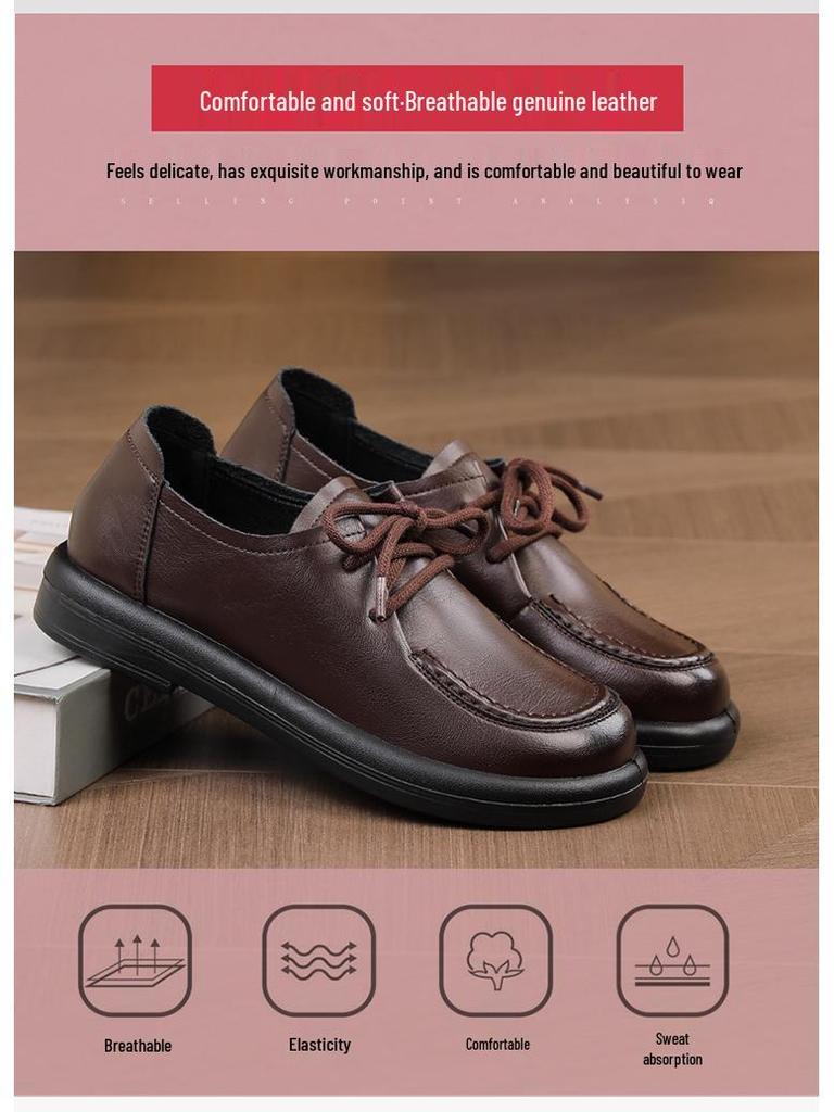 Women's Genuine Leather Soft Sole Casual Shoes - Non-slip, Comfortable, Single Shoes for Spring and Autumn.