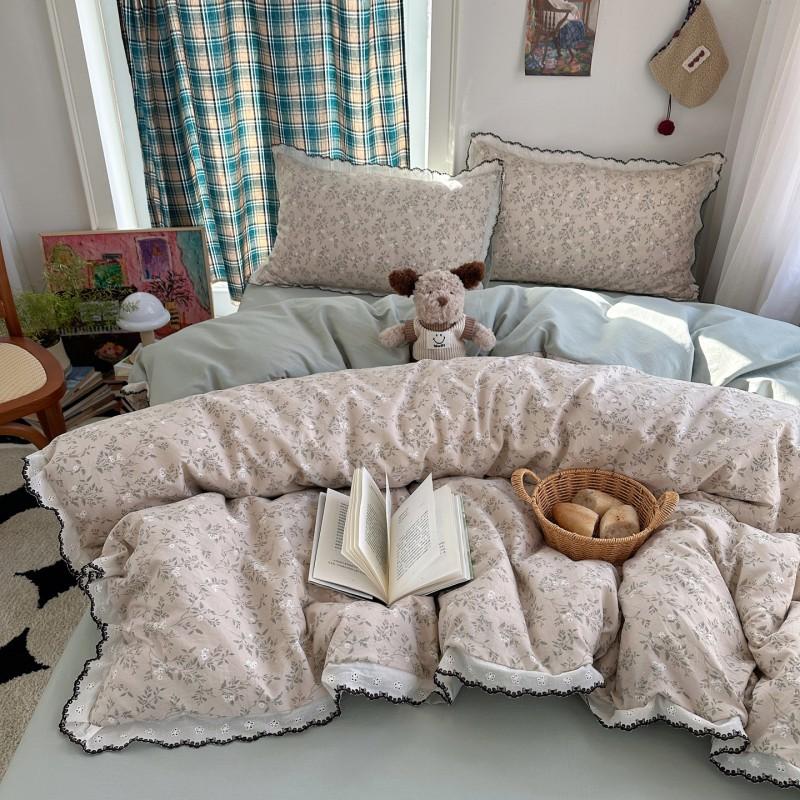 Soft Cotton Bedding Set With Lace Trim Floral Print French Style Queen King Twin Size 4 Piece