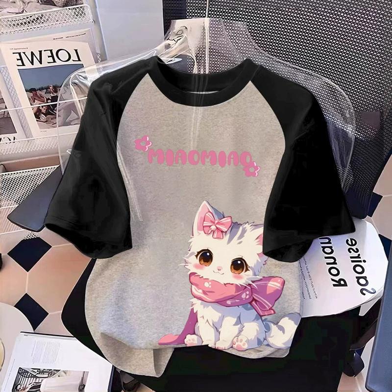 T-shirt Stampata con Grafica di Gatto Cartone Animato per Ragazza Estiva Casual da Donna per Bambini a Maniche Corte Abbigliamento