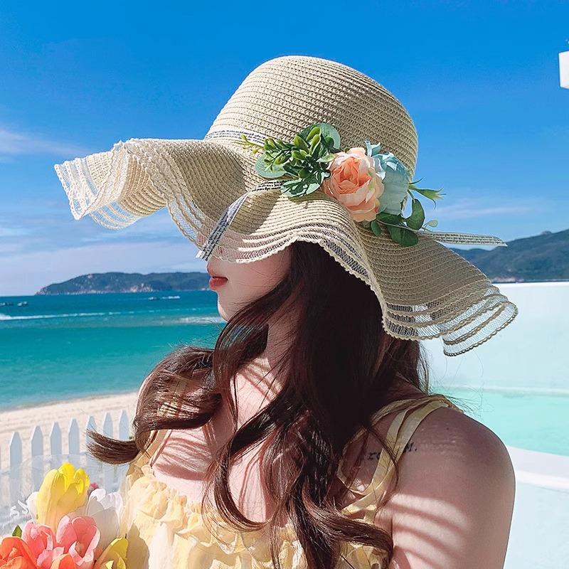 Fashionable Adult Simulation Flower Wave Straw Weaving Sun Protection Straw Hat Summer Versatile Seaside Big Brim Beach Sun Hat