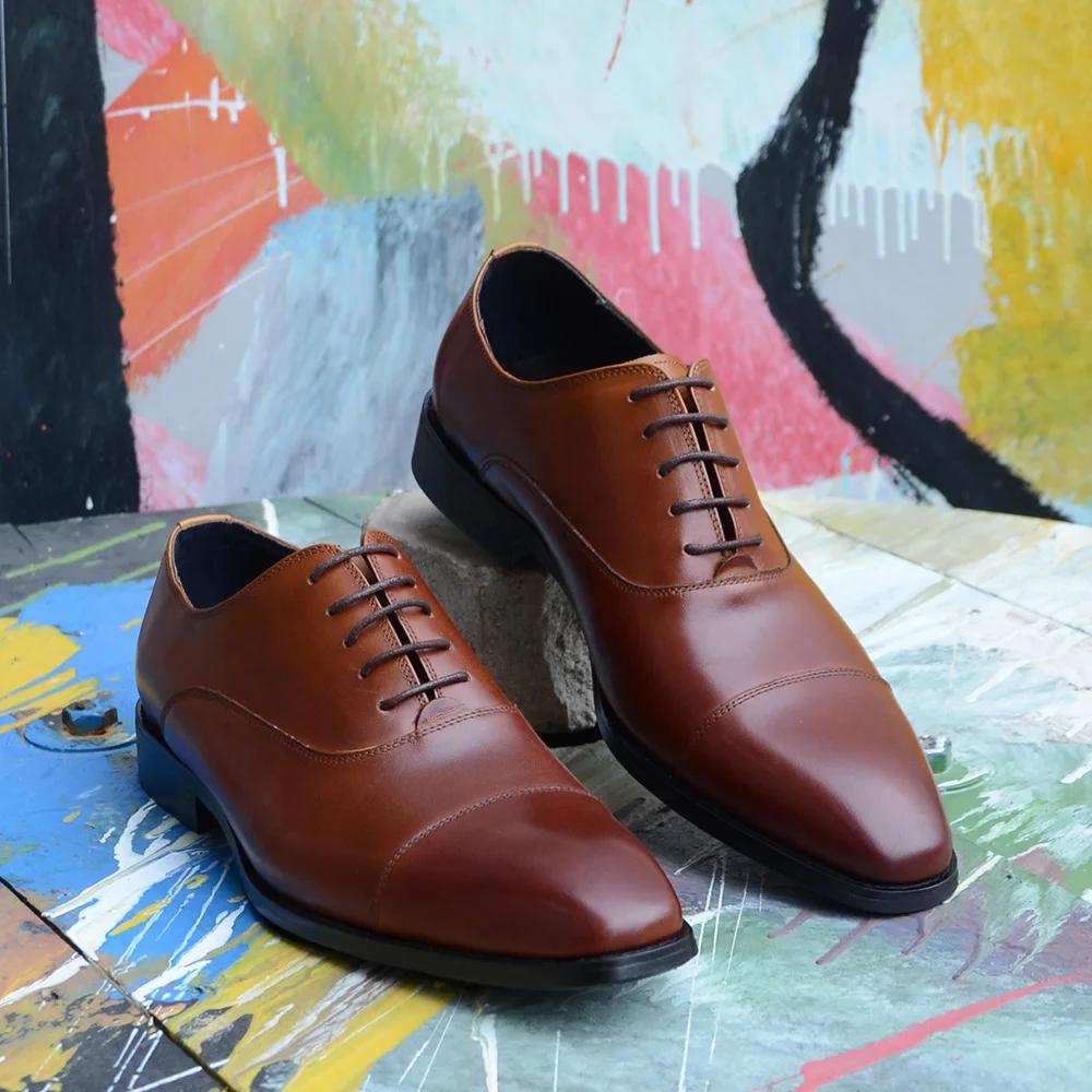 Black Brown Men's Dress Shoes Genuine Leather Cap Toe Oxford Suit Shoes Lace Up Business Office Wedding Formal Footwear Male
