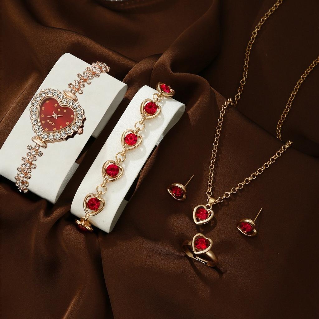 5 st/set Vardagsmode Kvarts Klocka & Hjärta Strass Smyckesset Gåvor för Kvinnor Lyxmärkesdesign Kvinnor Montre Femme Reloj