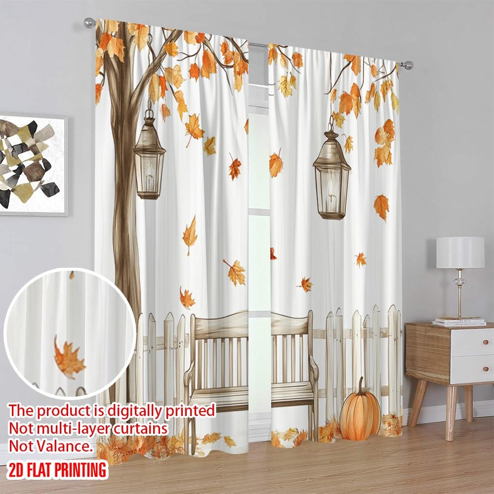 2pcs,2D plane printing Curtains&Window Treatment Autumn Leaves Bench Lanterns Polyester Fabric (without rod) Art Deco Festive