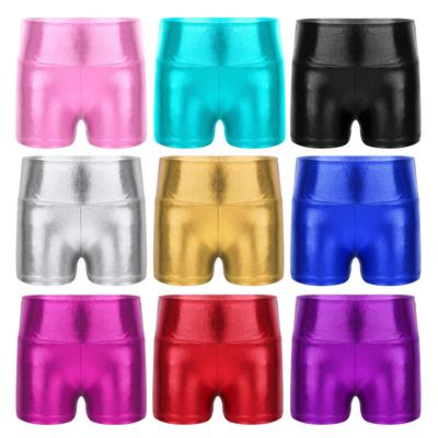 Einfarbige Kinder-Mädchen-Sport-Gymnastik-Aktivkleidung, metallisch glänzende Tanzshorts mit hoher Taille